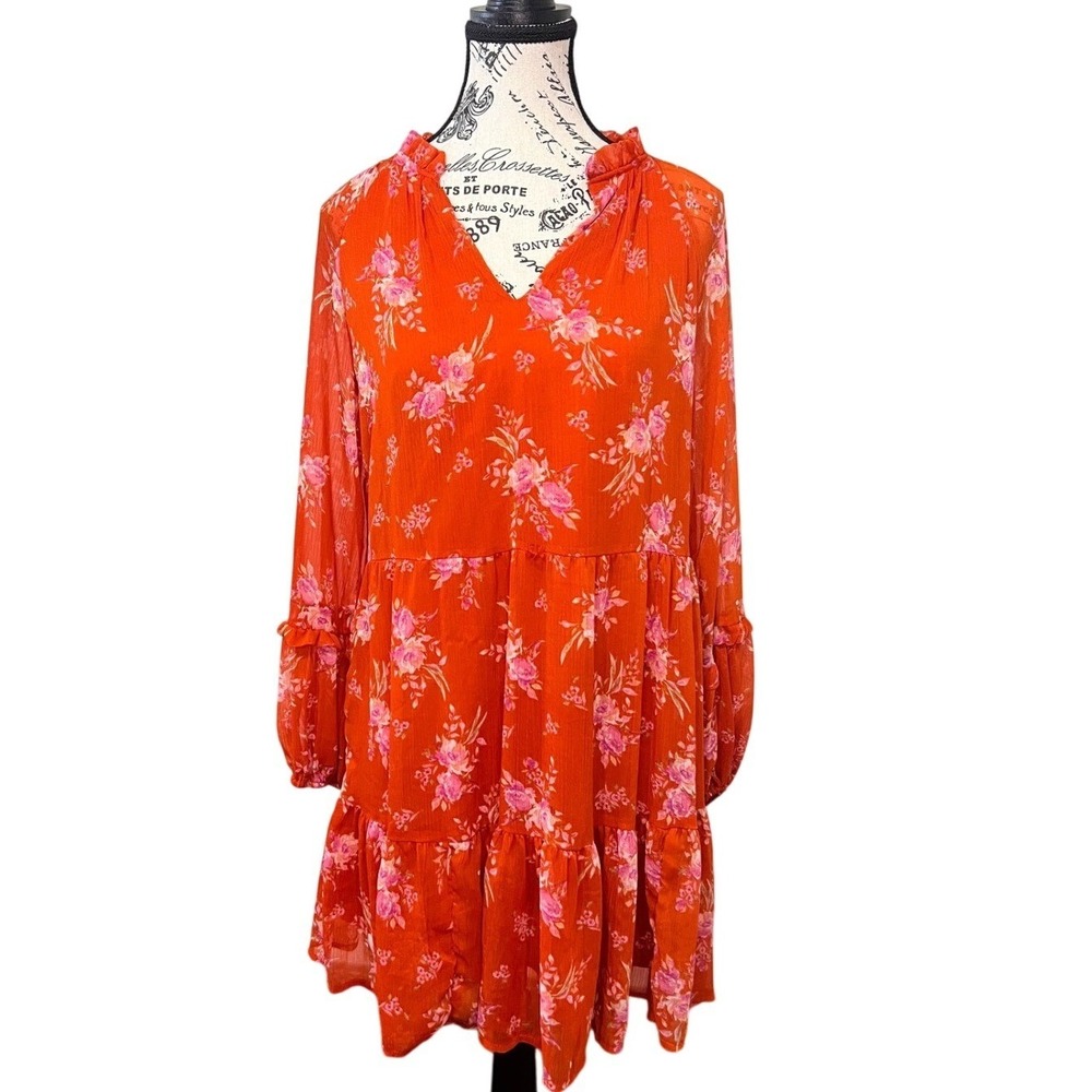 Vince Camuto Floral Print Dress Ruffle Neck Long Sleeve Tiered Mini S